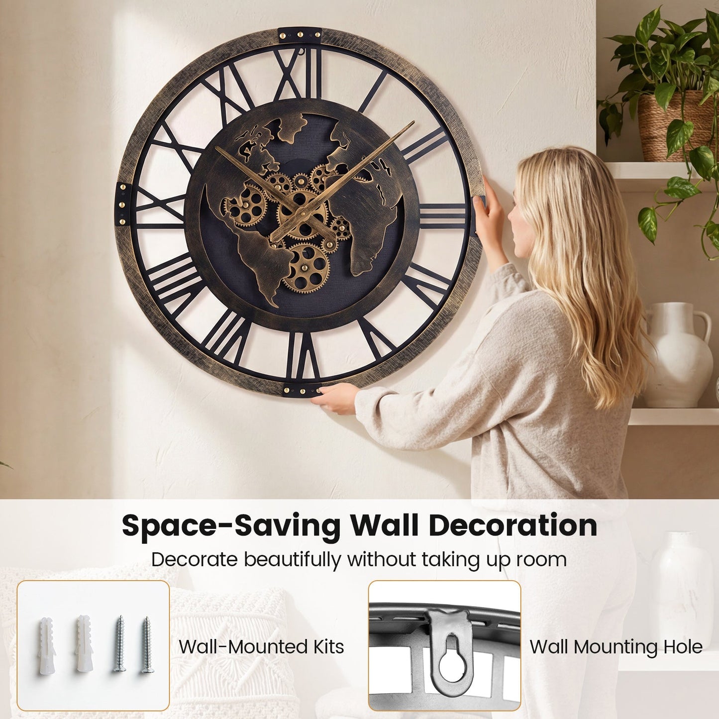 Gear Wall Clock 27 Inch with World Map, brown metal frame and visible gears on Tampa Home & Garden Store