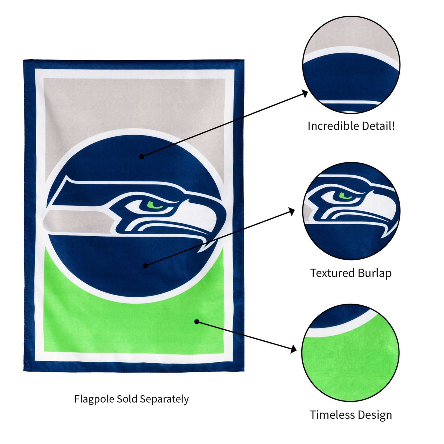 Flag Burlap Seattle Seahawks design by Evergreen Enterprises; blue border, green gradient inset on Tampa Home & Garden Store