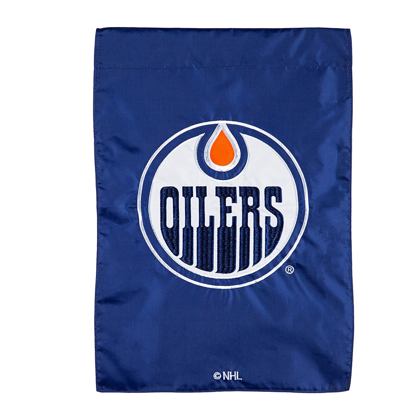 Applique Edmonton Oilers flag on navy blue background with NHL logo on Tampa Home & Garden Store