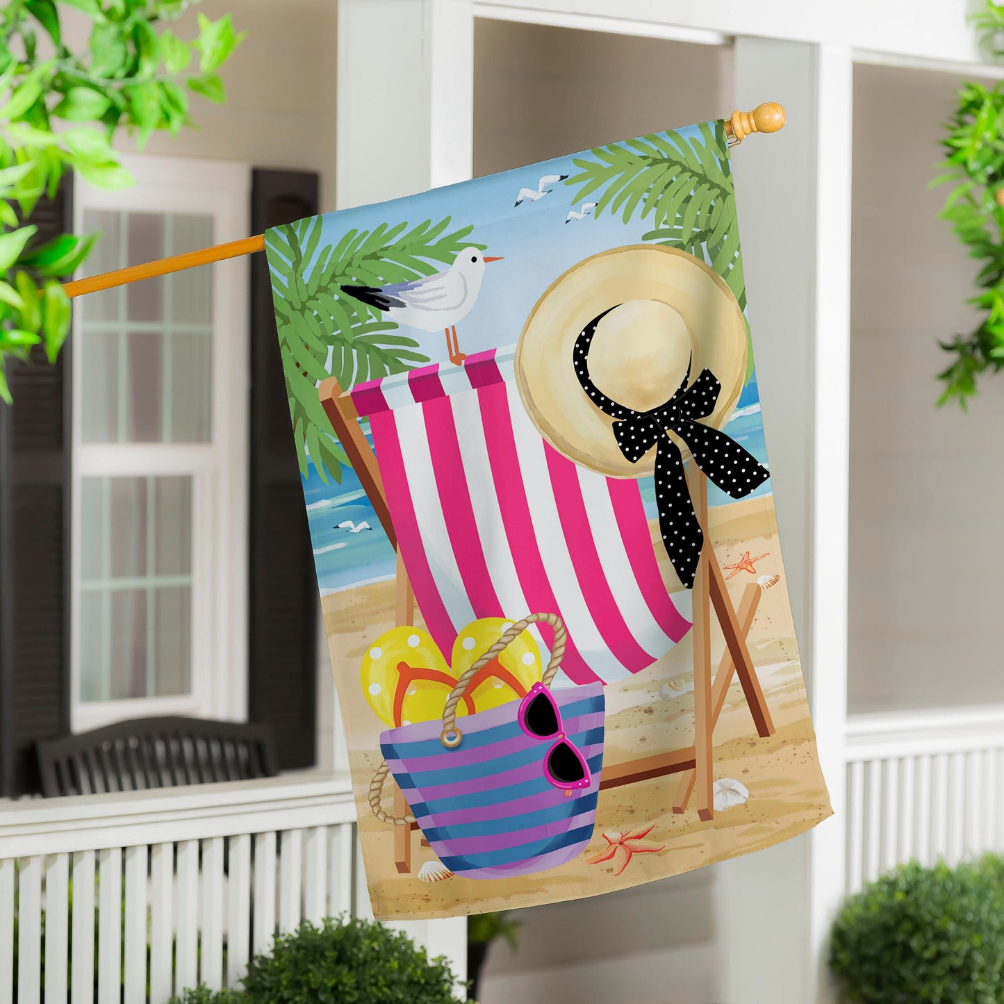 Beach Chair Applique House Flag pink striped chair with straw hat and sunglasses Evergreen Enterprises on Tampa Home & Garden Store