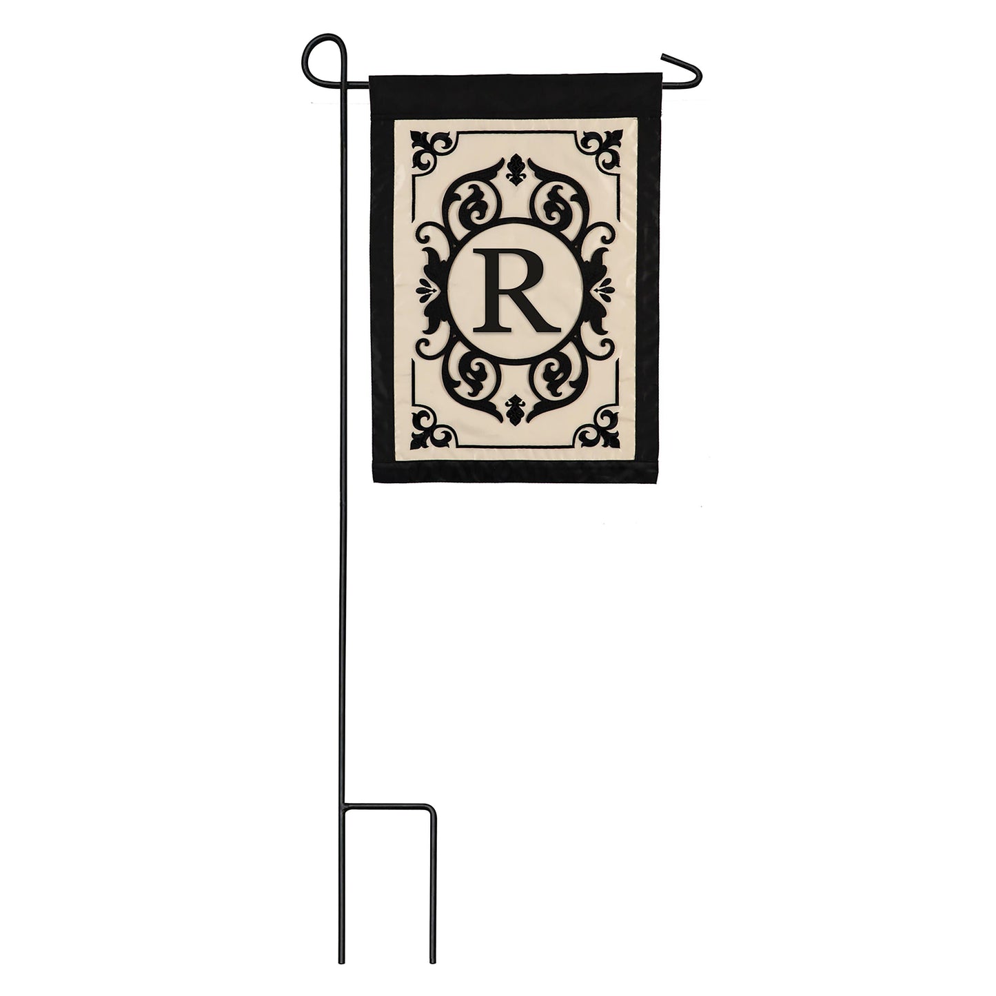 Cambridge Monogram Garden Applique Flag with beige center and black ornate frame featuring R on Tampa Home & Garden Store
