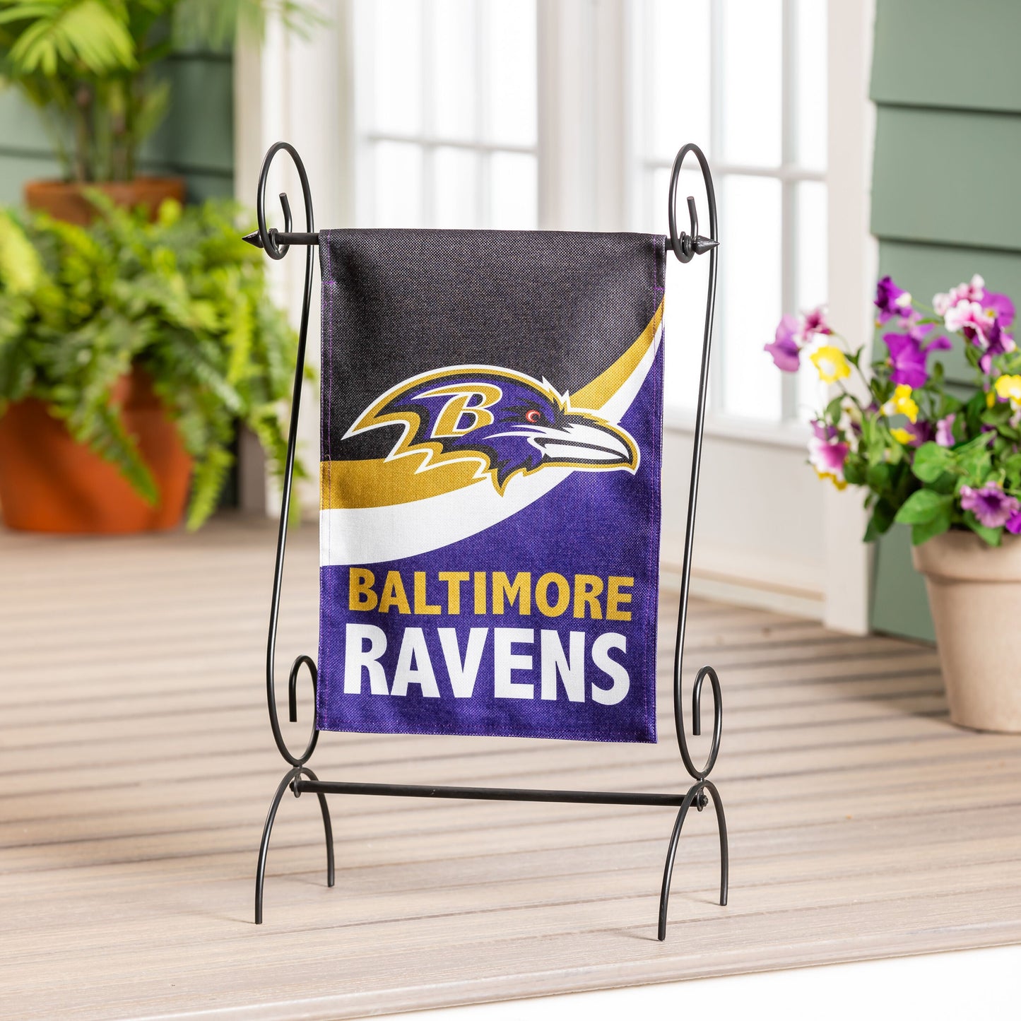 Baltimore Ravens burlap flag on metal stand Evergreen Enterprises - Wholesale Collective on Tampa Home & Garden Store