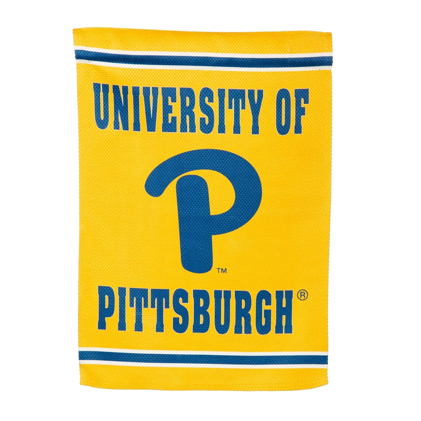 University of Pittsburgh Suede Flag Embossed yellow flag with blue UNIVERSITY OF lettering stripe on Tampa Home & Garden Store