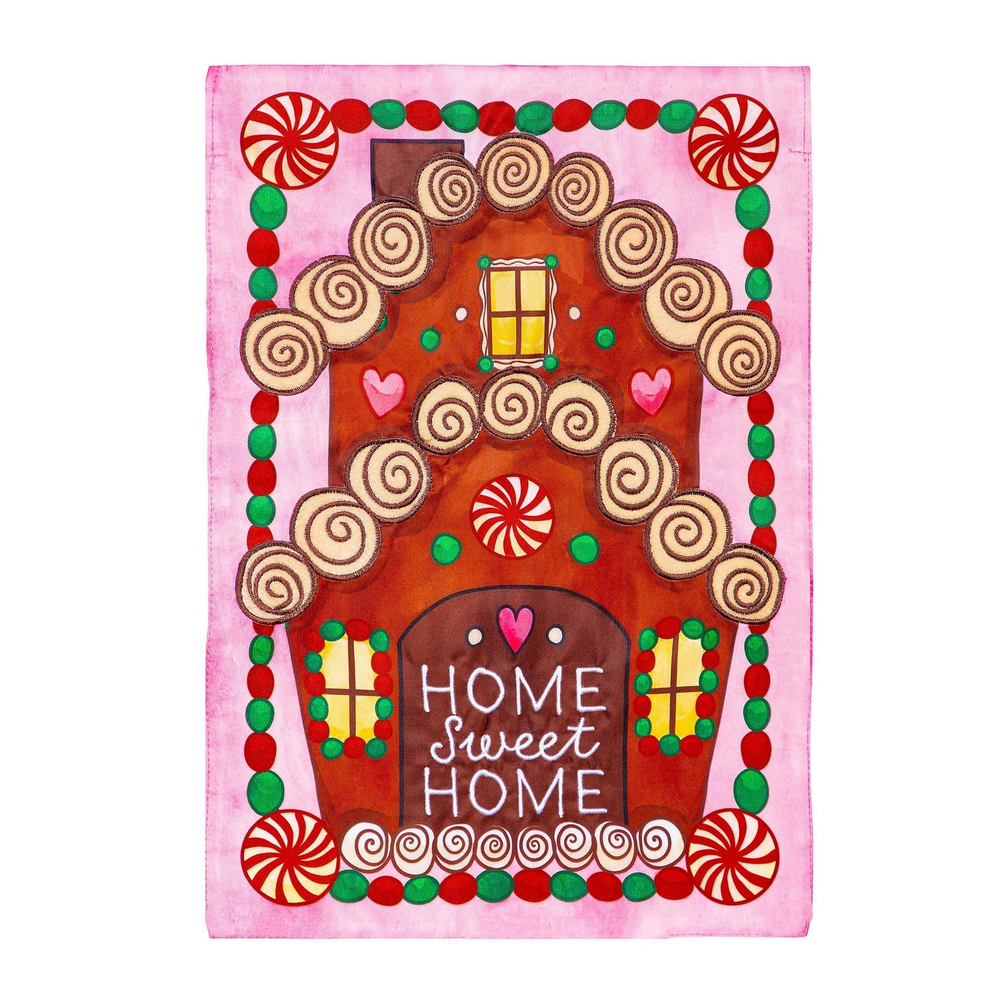 Home Sweet Home Applique House Flag pink background candy swirl border Evergreen Enterprises on Tampa Home & Garden Store