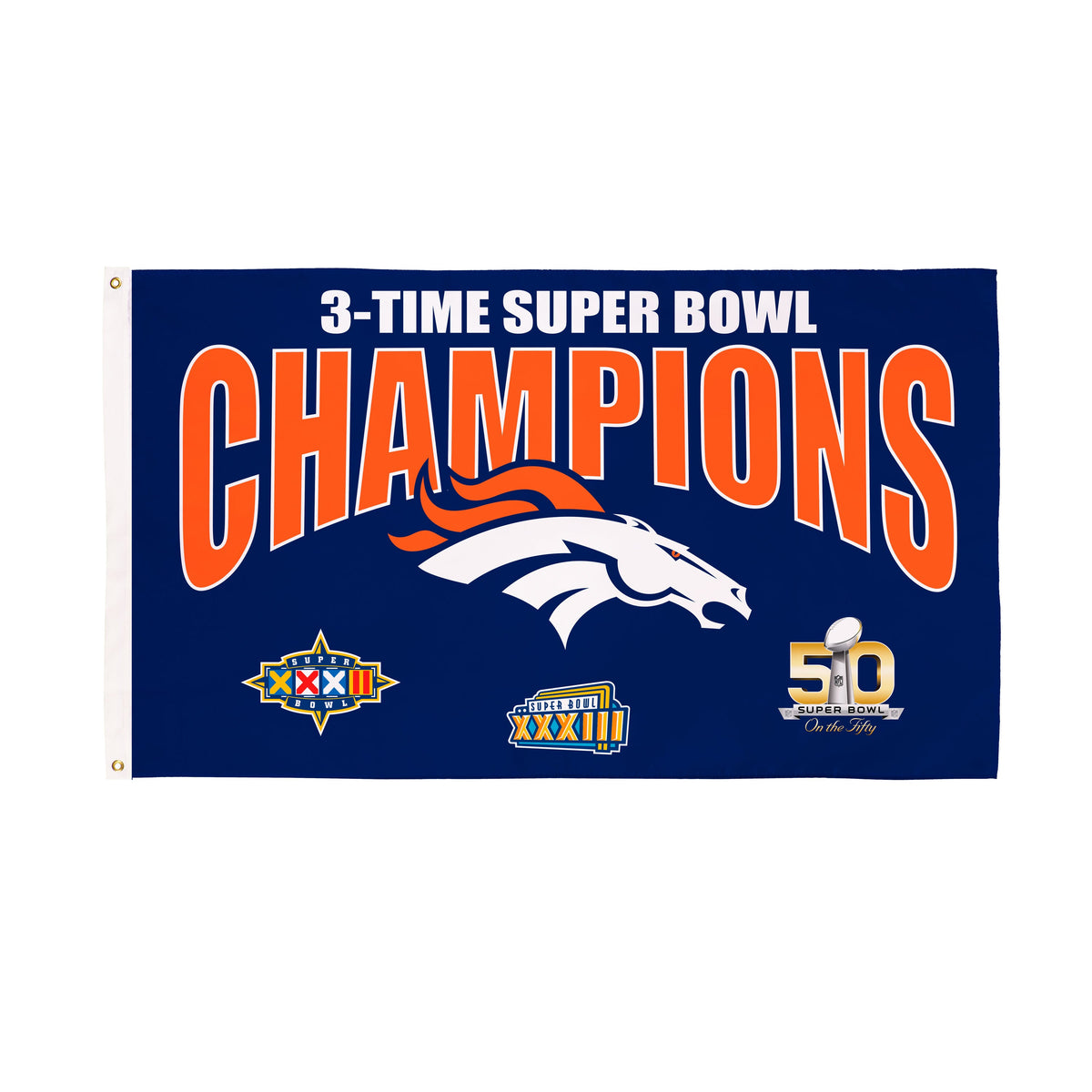 Denver Broncos 3x Super Bowl Champions flag with blue field and orange lettering Broncos logo on Tampa Home & Garden Store