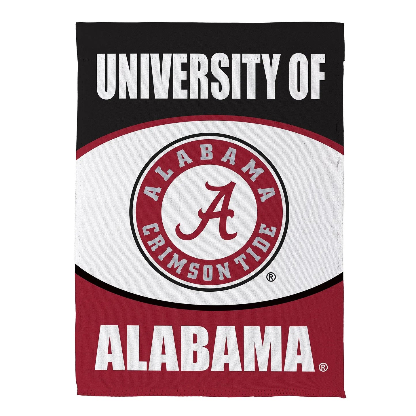 University of Alabama suede house flag UNIVERSITY OF on black header and ALABAMA on red on Tampa Home & Garden Store