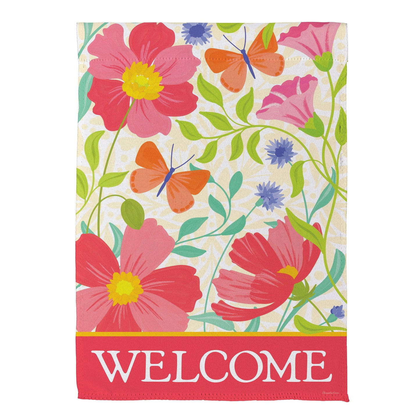 Wildflower Bunch Suede Garden Flag by Evergreen Enterprises with pink flowers and butterfly on Tampa Home & Garden Store