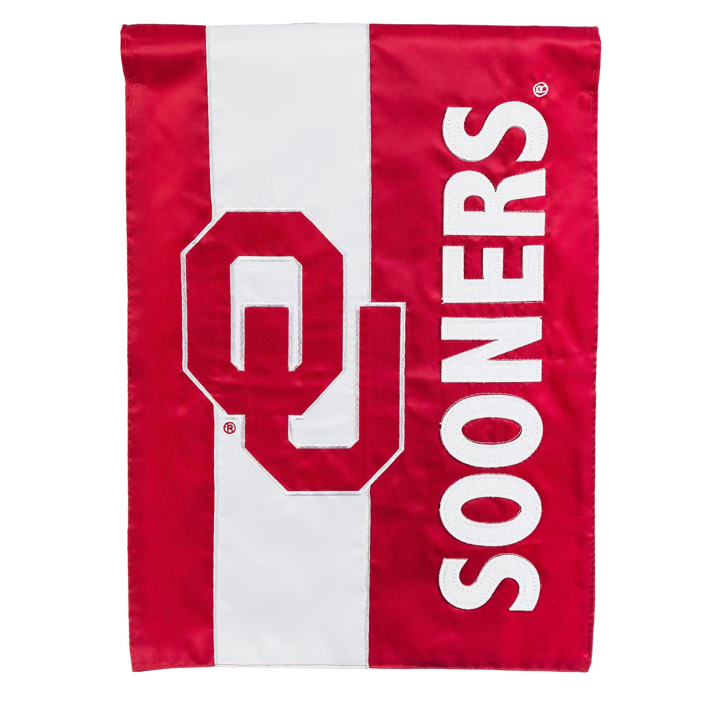 University of Oklahoma embellished garden flag, red with white appliqué OU letters on Tampa Home & Garden Store