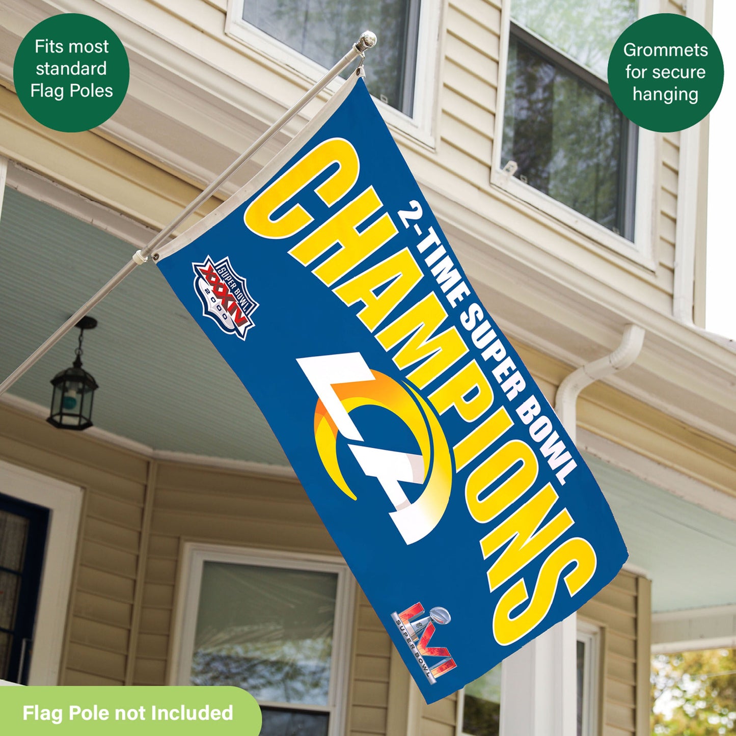 LA Rams 3x5 sublimated flag with Super Bowl champions hanging from a flagpole on Tampa Home & Garden Store