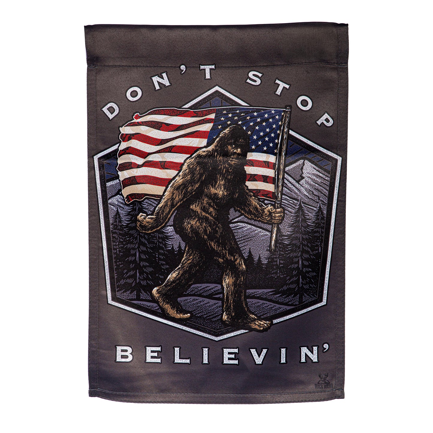 Suede flag Don't Stop Believin' with bear and American flag, Evergreen Enterprises on Tampa Home & Garden Store