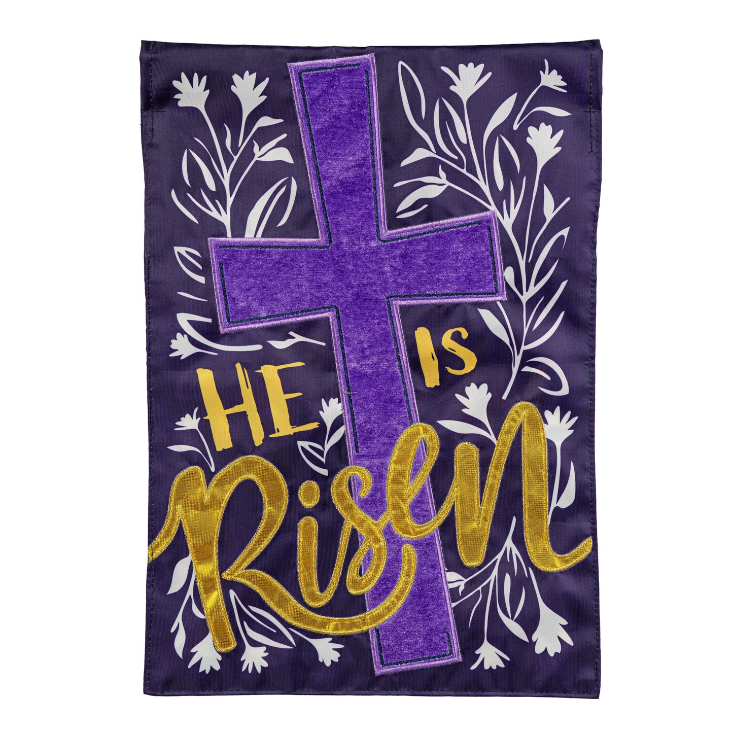 He Is Risen Applique Garden Flag with purple background, gold script and cross accent on Tampa Home & Garden Store