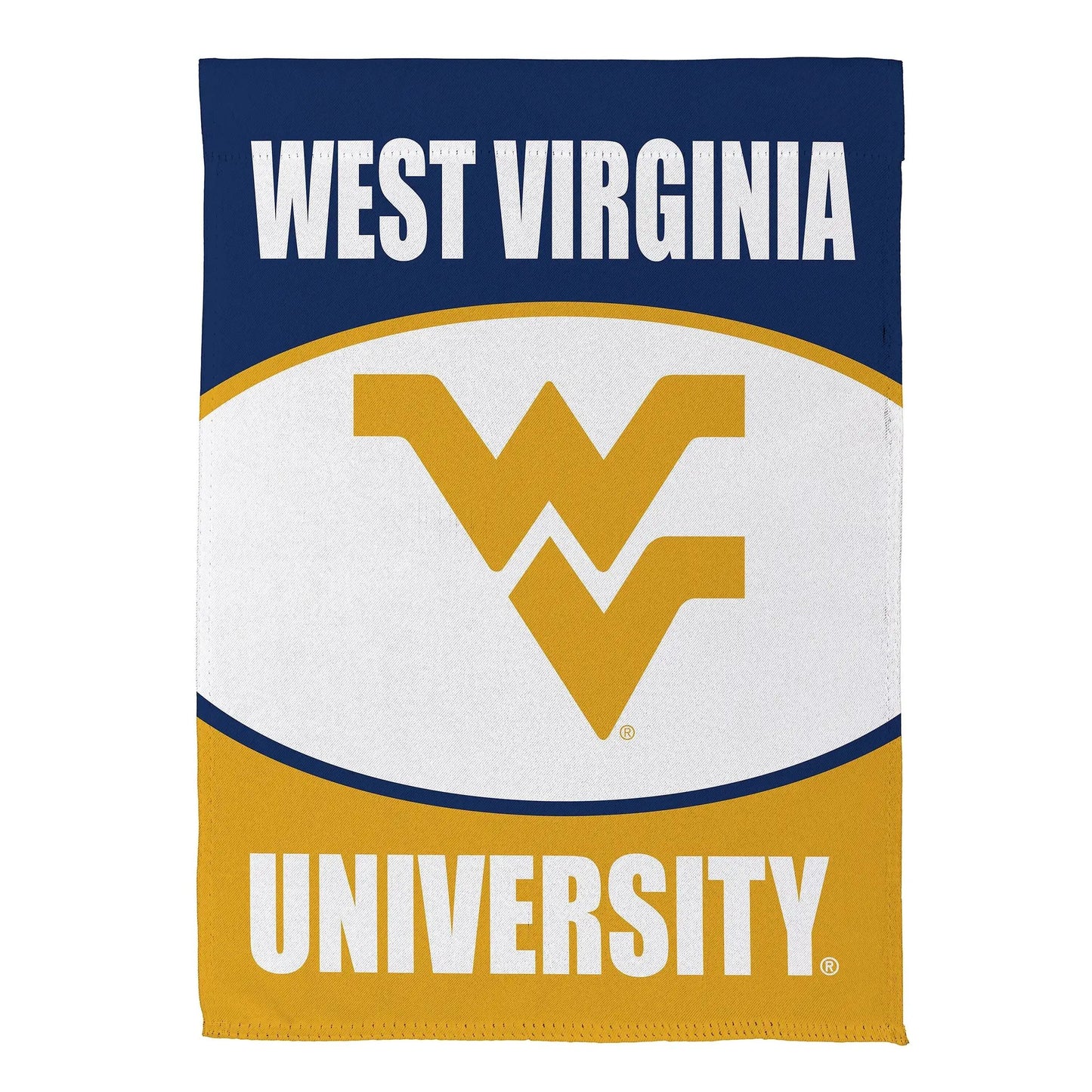 West Virginia University suede flag with navy top and gold WV emblem on white field on Tampa Home & Garden Store