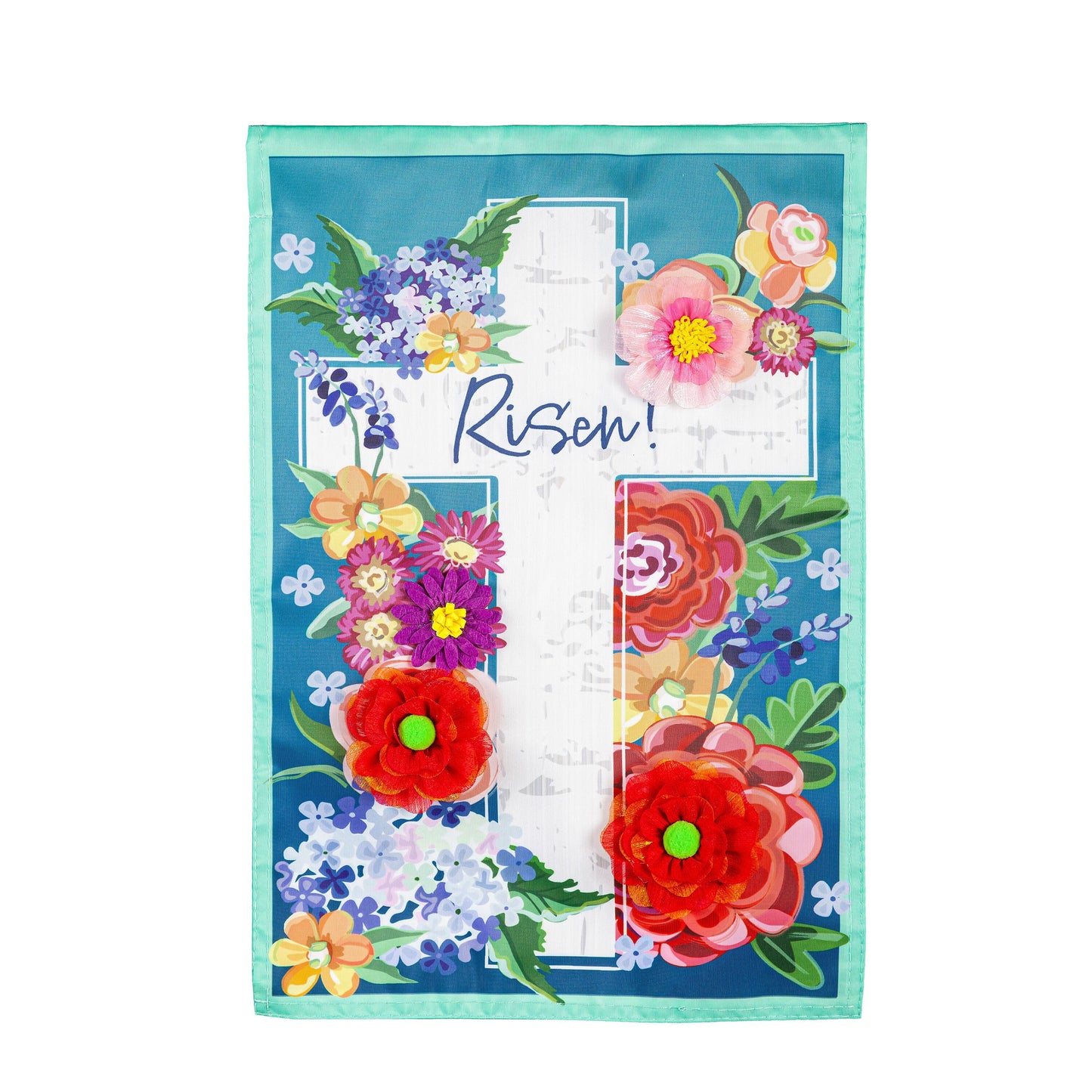 Floral Easter Cross Applique Garden Flag turquoise border with bright blooms on Tampa Home & Garden Store
