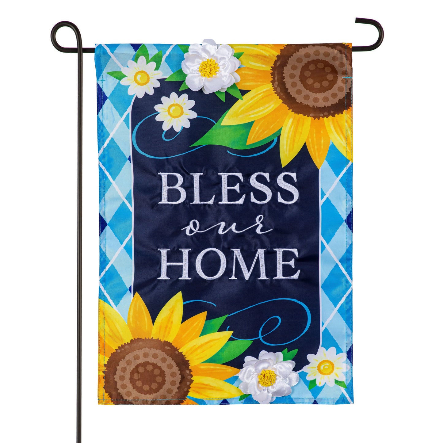 Bless Our Home Sunflowers applique garden flag with sunflowers and daisies on navy background on Tampa Home & Garden Store