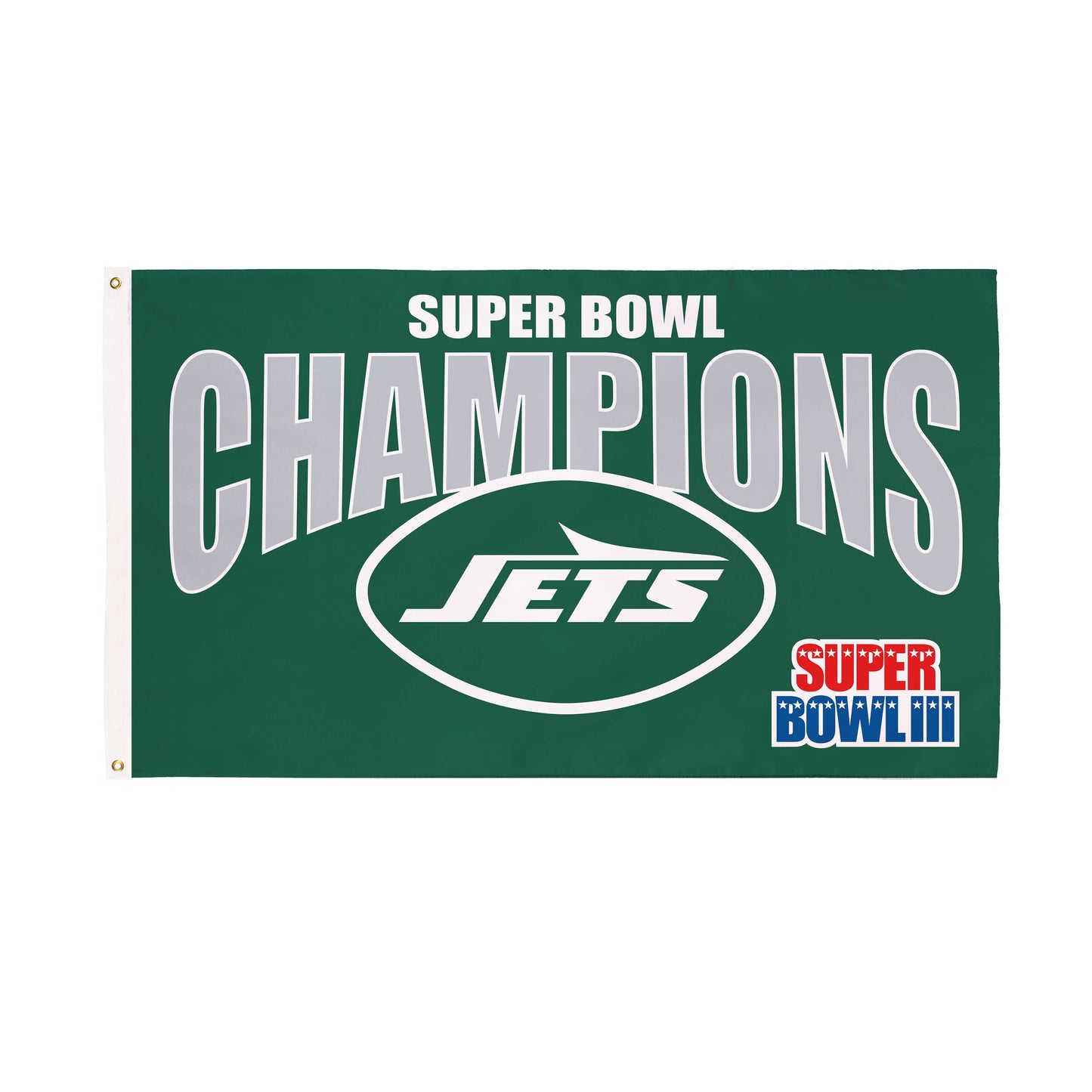 3x5 sublimated flag Jets Superbowl III Champions Football in green with text Evergreen Enterprises on Tampa Home & Garden Store