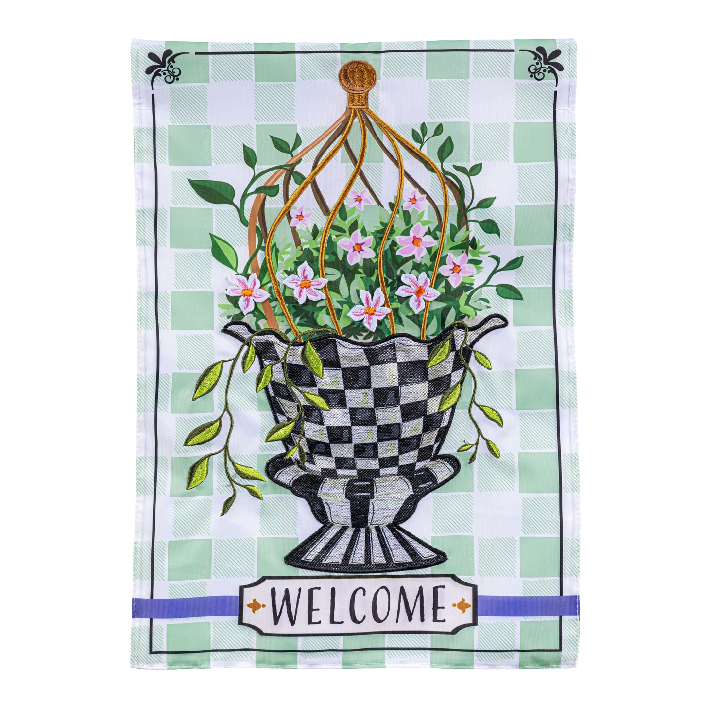 Spring Topiary Applique Garden Flag with hanging pot and pink blossoms and Welcome sign plaid on Tampa Home & Garden Store