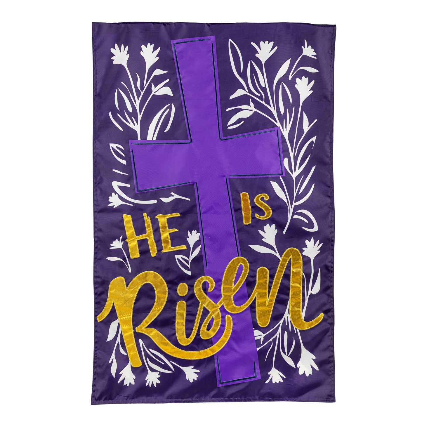 He Is Risen applique house flag purple with white floral motif and gold lettering on Tampa Home & Garden Store