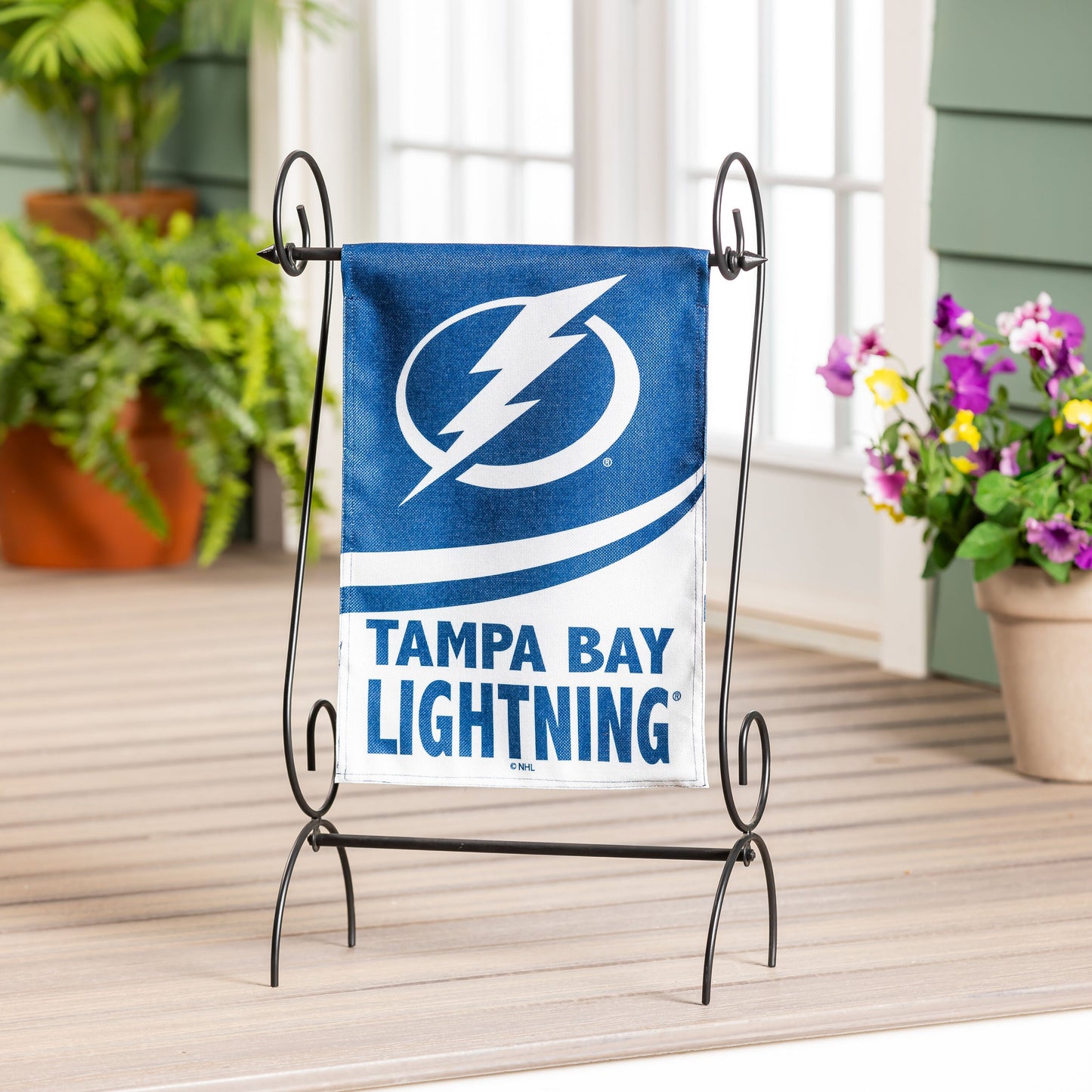 Burlap garden flag Tampa Bay Lightning by Evergreen Enterprises blue with white bolt on stand on Tampa Home & Garden Store