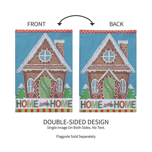 Gingerbread Home Sweet Home applique garden flag, double-sided design on blue background on Tampa Home & Garden Store