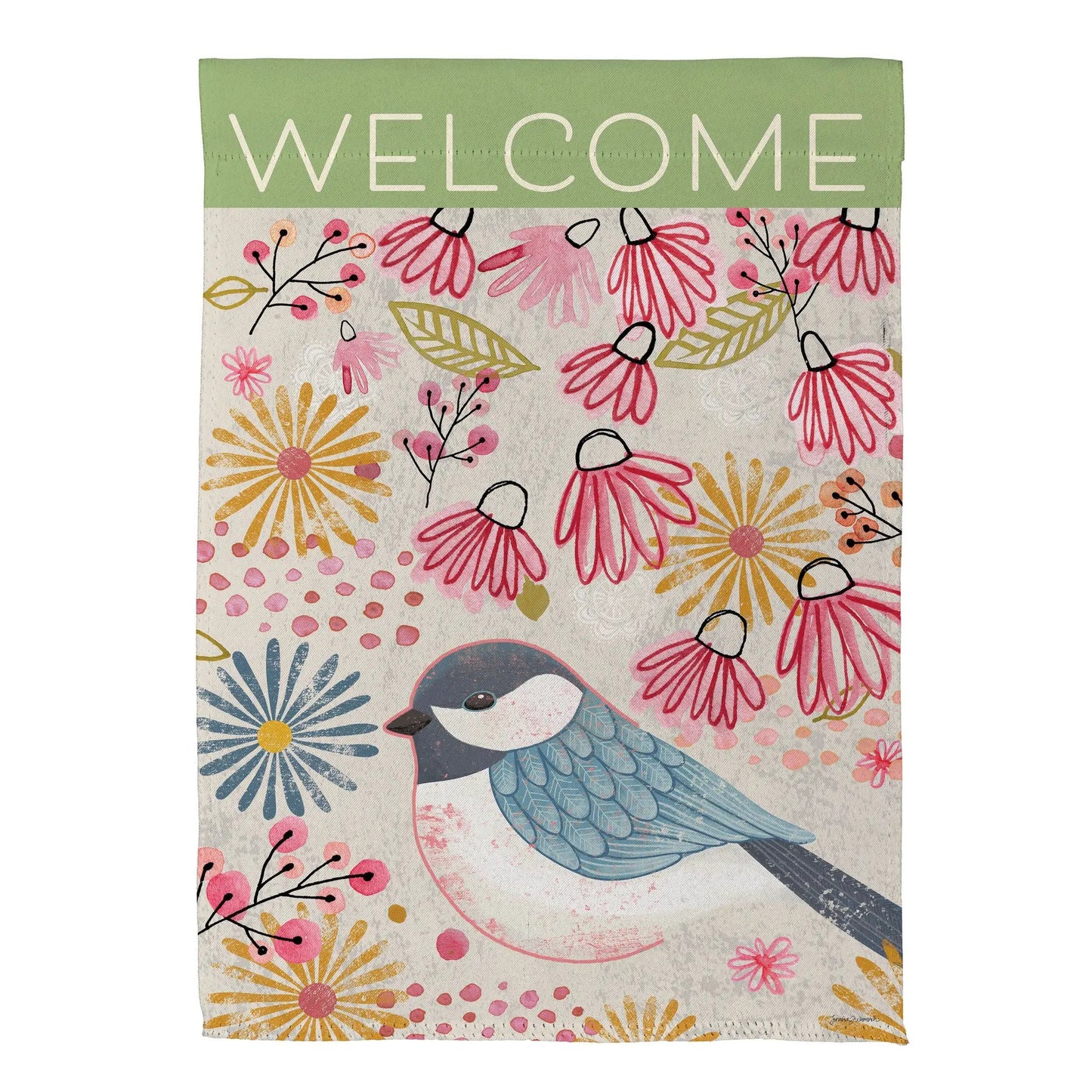 Pastel Doodles Chickadee suede garden flag with sage-green header and floral motif Evergreen on Tampa Home & Garden Store