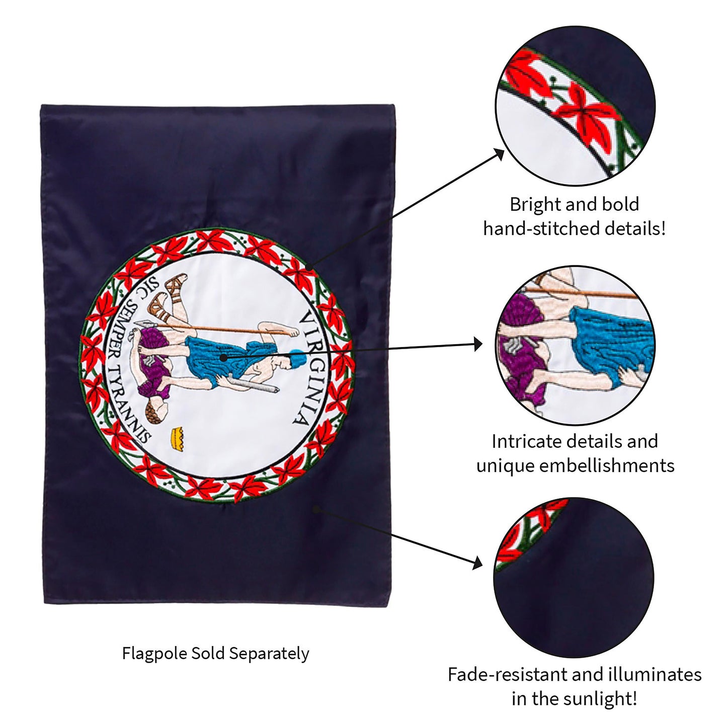 Virginia State Flag Applique Flag on navy field with bold circular state seal applique on Tampa Home & Garden Store