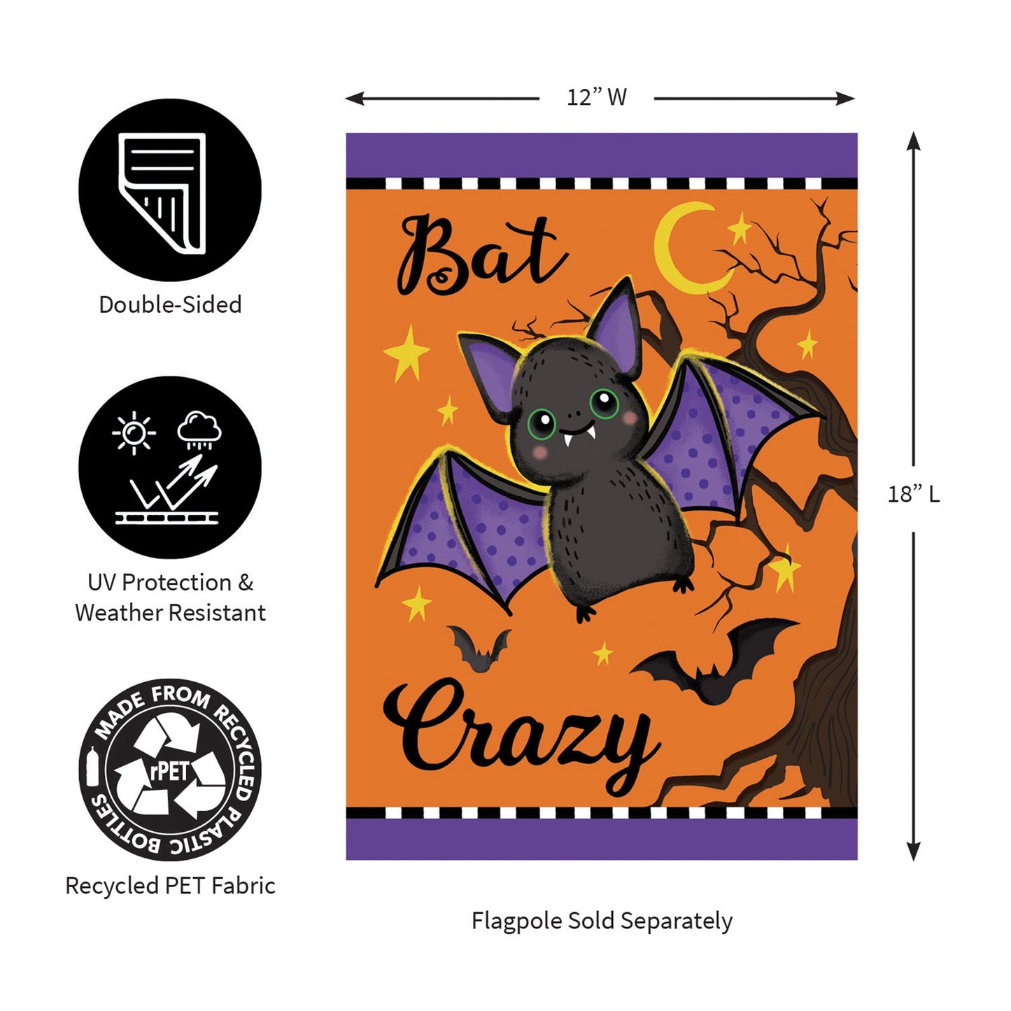 Gone Batty Applique Garden Flag with orange background, purple borders and bat illustration on Tampa Home & Garden Store