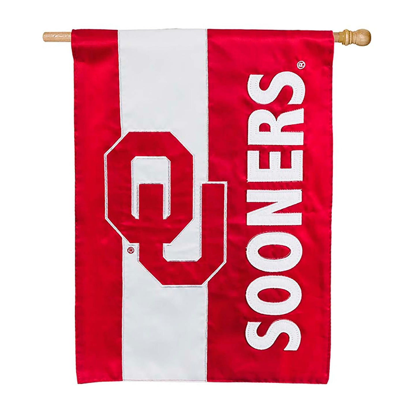 Sublimated flag Oklahoma double-sided with white appliqué letters on red background NCAA team pride on Tampa Home & Garden Store