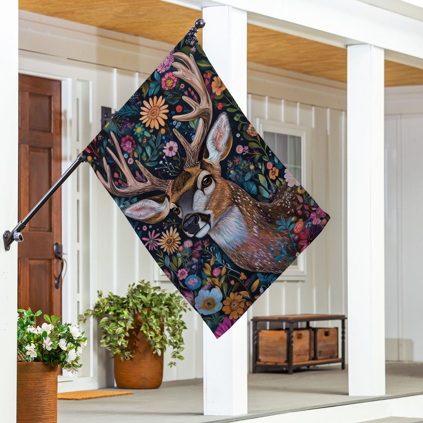 Forever Blooming Deer Suede House Flag with dark floral deer design, porch display on Tampa Home & Garden Store