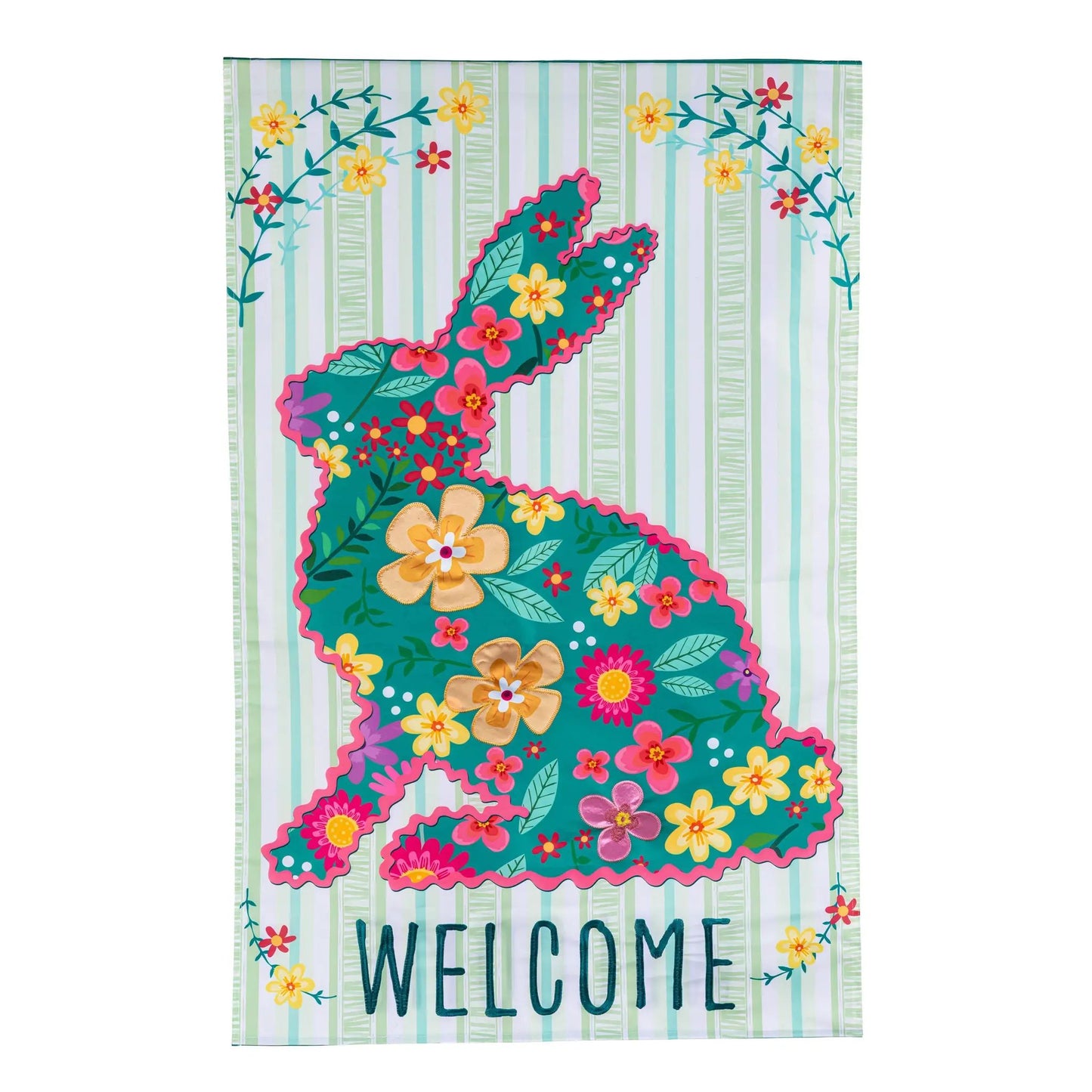 Floral Bunny Applique Flag bright colors teal bunny on pastel stripes Evergreen Enterprises on Tampa Home & Garden Store