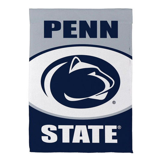 Penn State suede house flag with navy logo on gray background by Evergreen Enterprises on Tampa Home & Garden Store