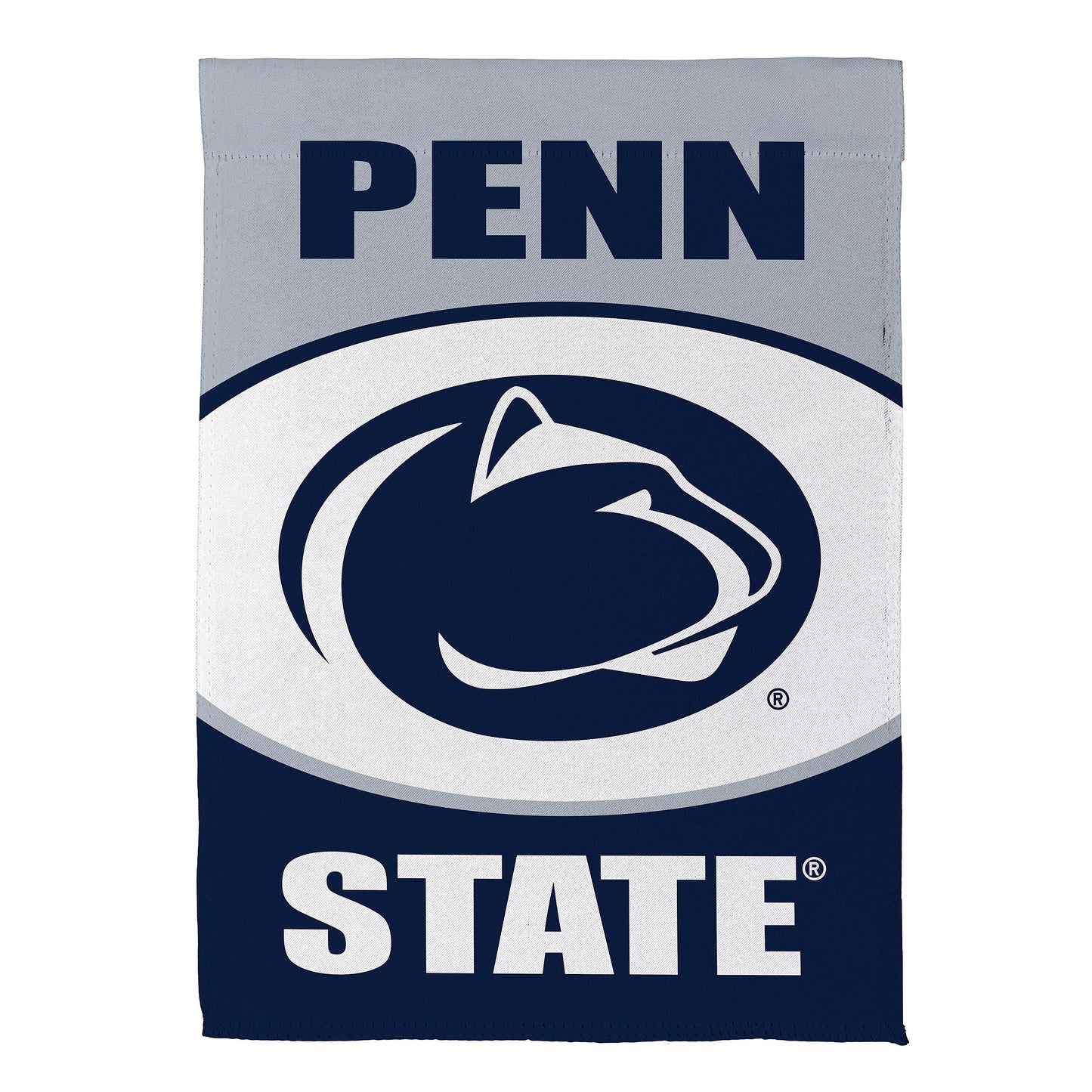 Penn State suede house flag with navy logo on gray background by Evergreen Enterprises on Tampa Home & Garden Store
