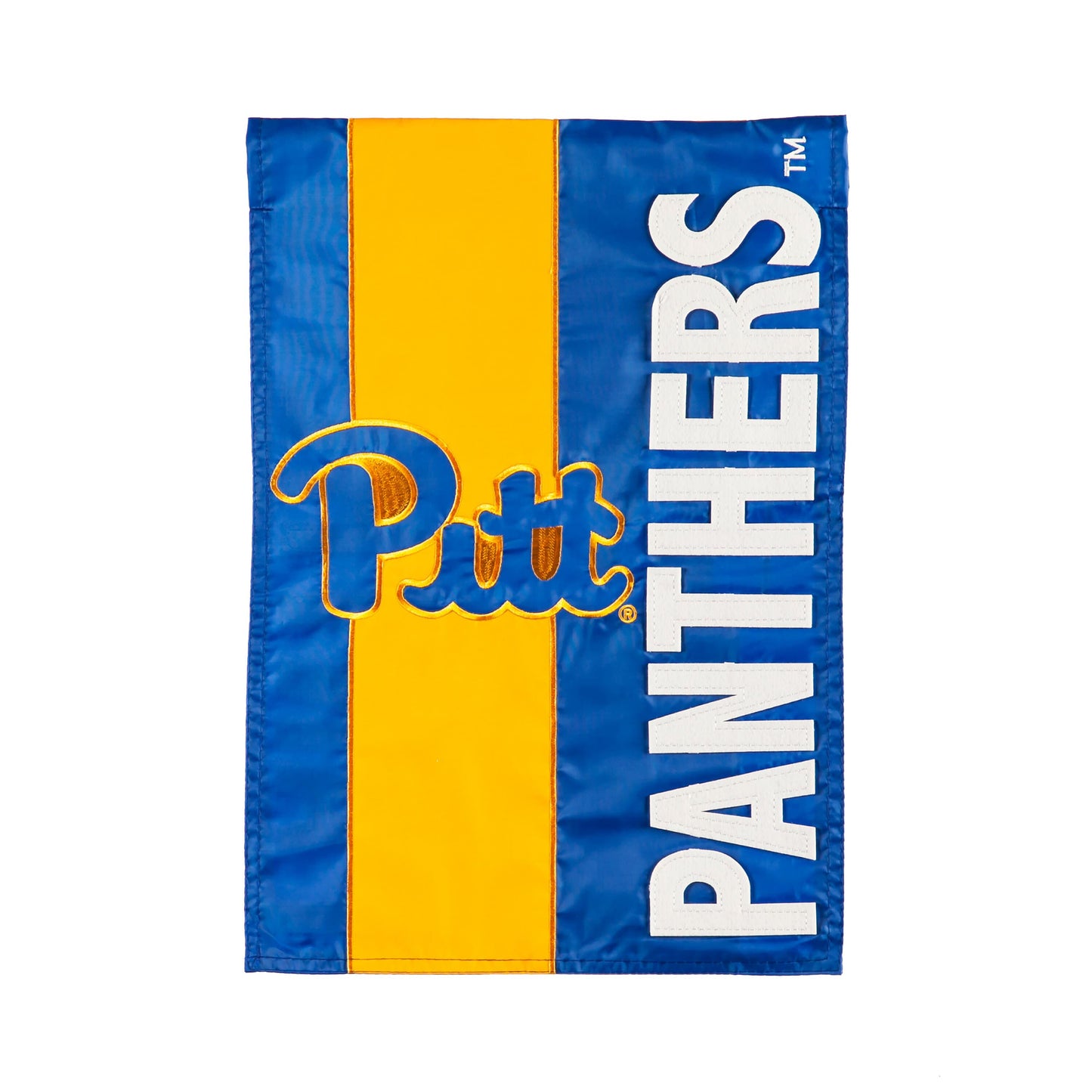 Embellished garden flag Pitt logo in blue and gold applique Evergreen Enterprises on Tampa Home & Garden Store