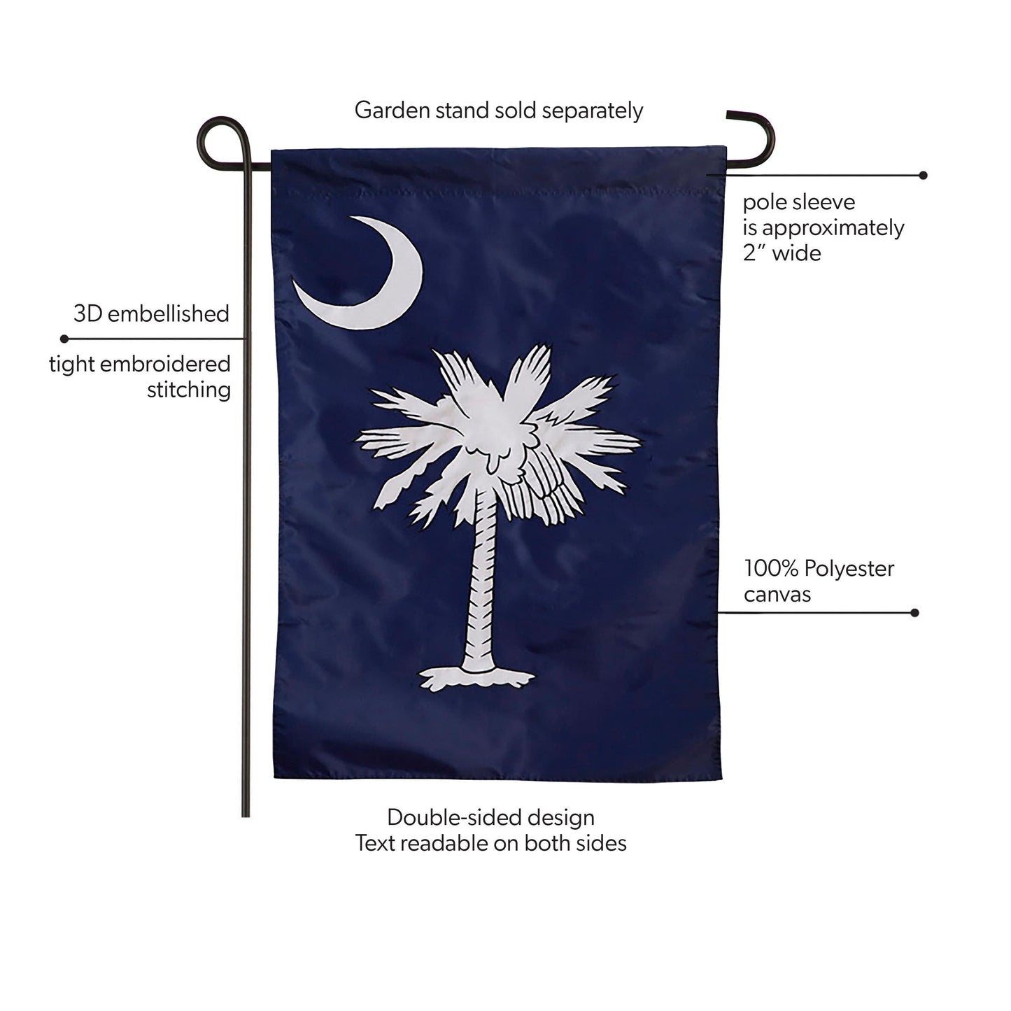 South Carolina Garden Applique Flag on garden stand navy blue 100% polyester with crescent on Tampa Home & Garden Store