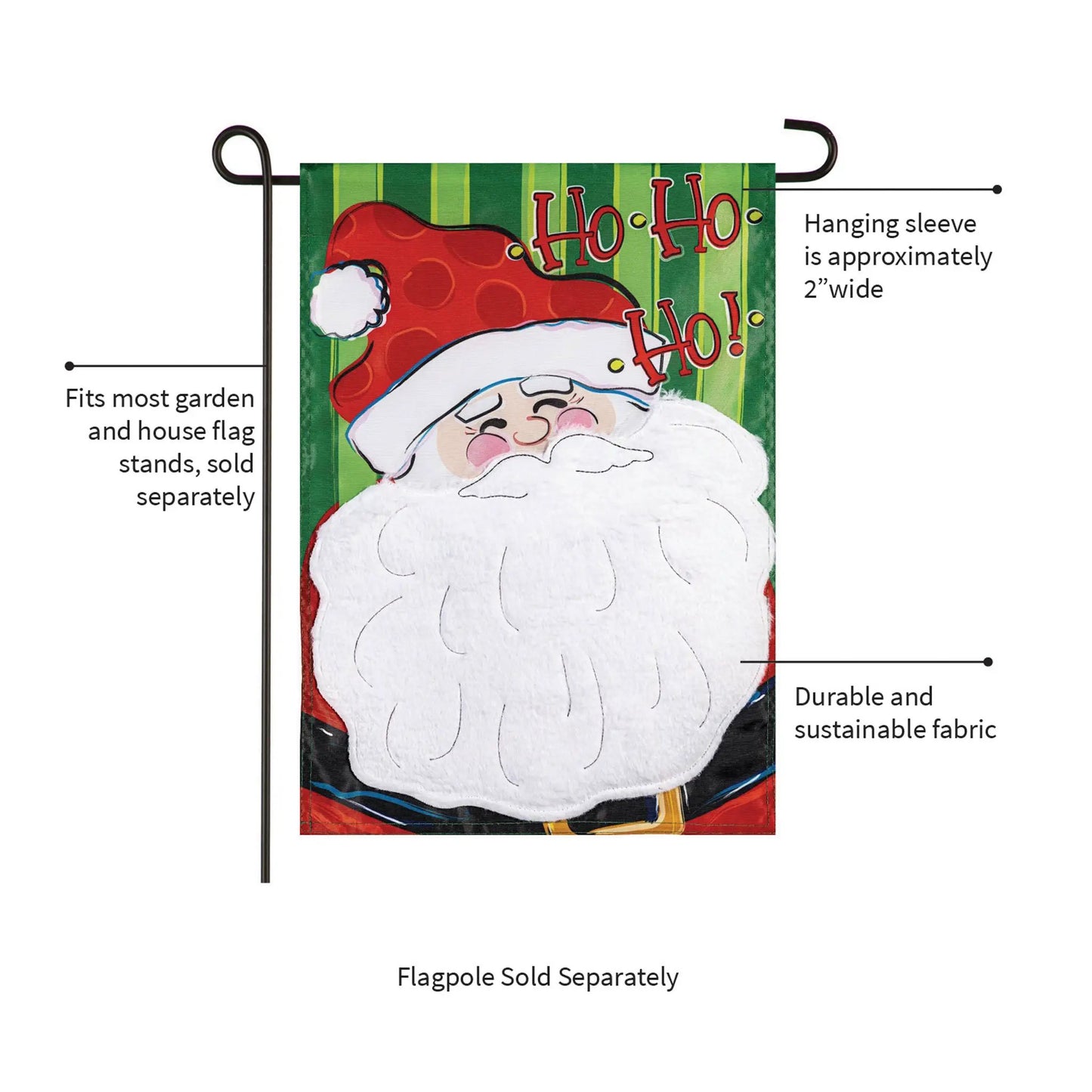 Ho Ho Ho Santa applique garden flag outdoors by Evergreen Enterprises on green background on Tampa Home & Garden Store