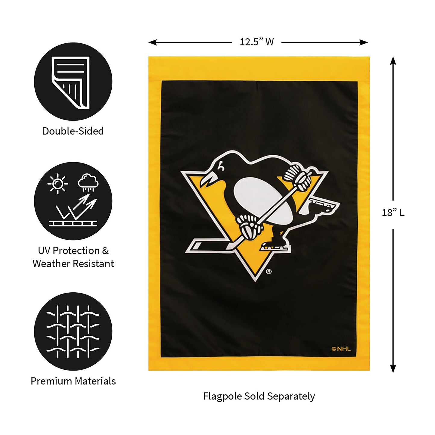 Pittsburgh Penguins applique flag with yellow border and black field featuring team logo NHL on Tampa Home & Garden Store