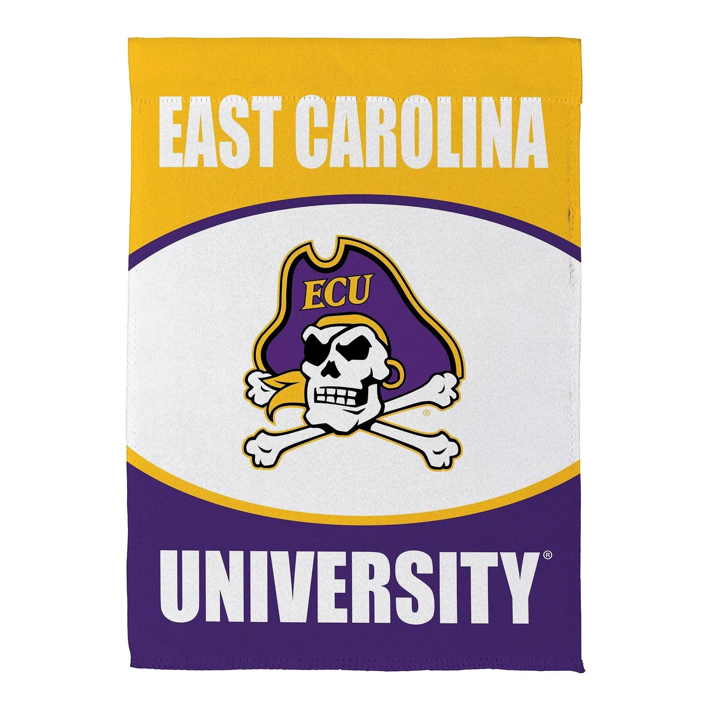 East Carolina University suede garden flag with pirate logo in purple and gold by Evergreen on Tampa Home & Garden Store
