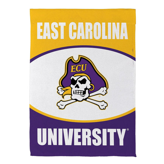 East Carolina University suede garden flag with pirate logo in purple and gold by Evergreen on Tampa Home & Garden Store