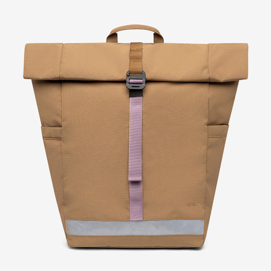Lars Roll Backpack Toffee by Lefrik USA, tan with pink strap and top handle, reflective on Tampa Home & Garden Store