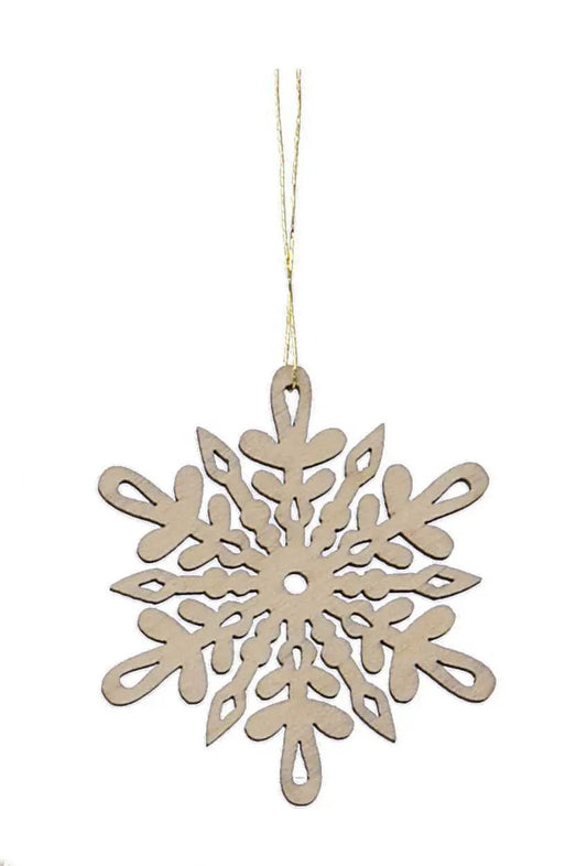 Laser Cut Wood Snowflake Ornament with Hearts in natural wood finish gold hanging twine on Tampa Home & Garden Store
