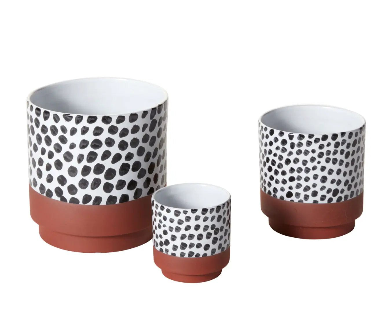 Lassen Pot ceramic planters set of 3 with white glaze and black dot pattern on Tampa Home & Garden Store