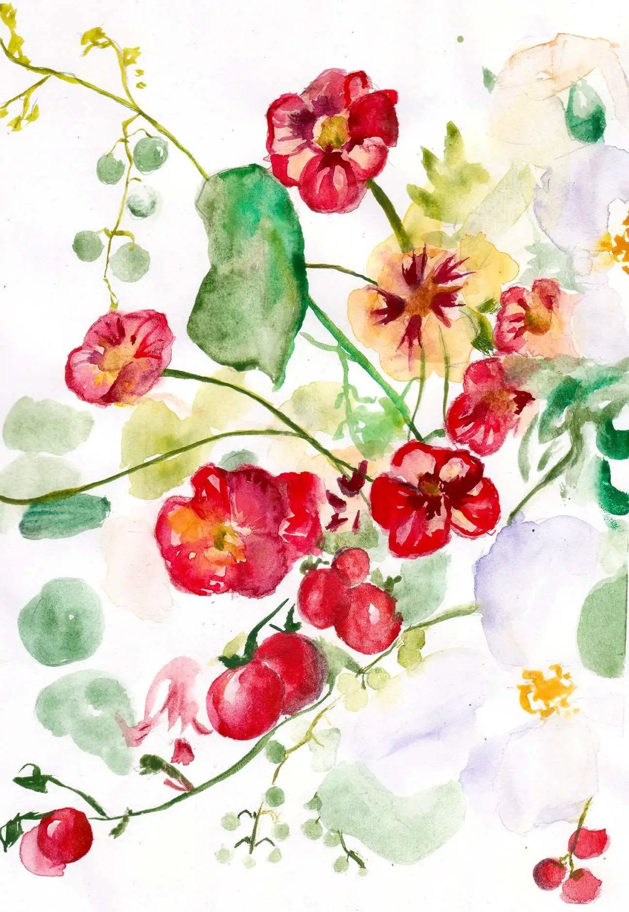 Late Summer Fine Art Print Cozy Spaces watercolor red poppies with green leaves Mai Autumn on Tampa Home & Garden Store