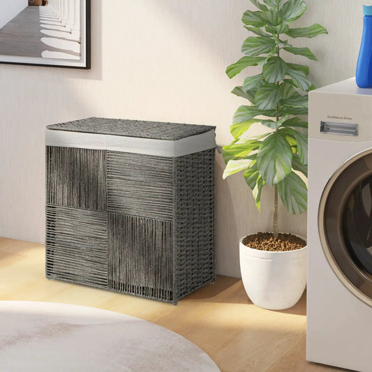 Gray 29-gallon woven laundry hamper with removable liner bag and lid beside a front-loading washer on Tampa Home & Garden Store