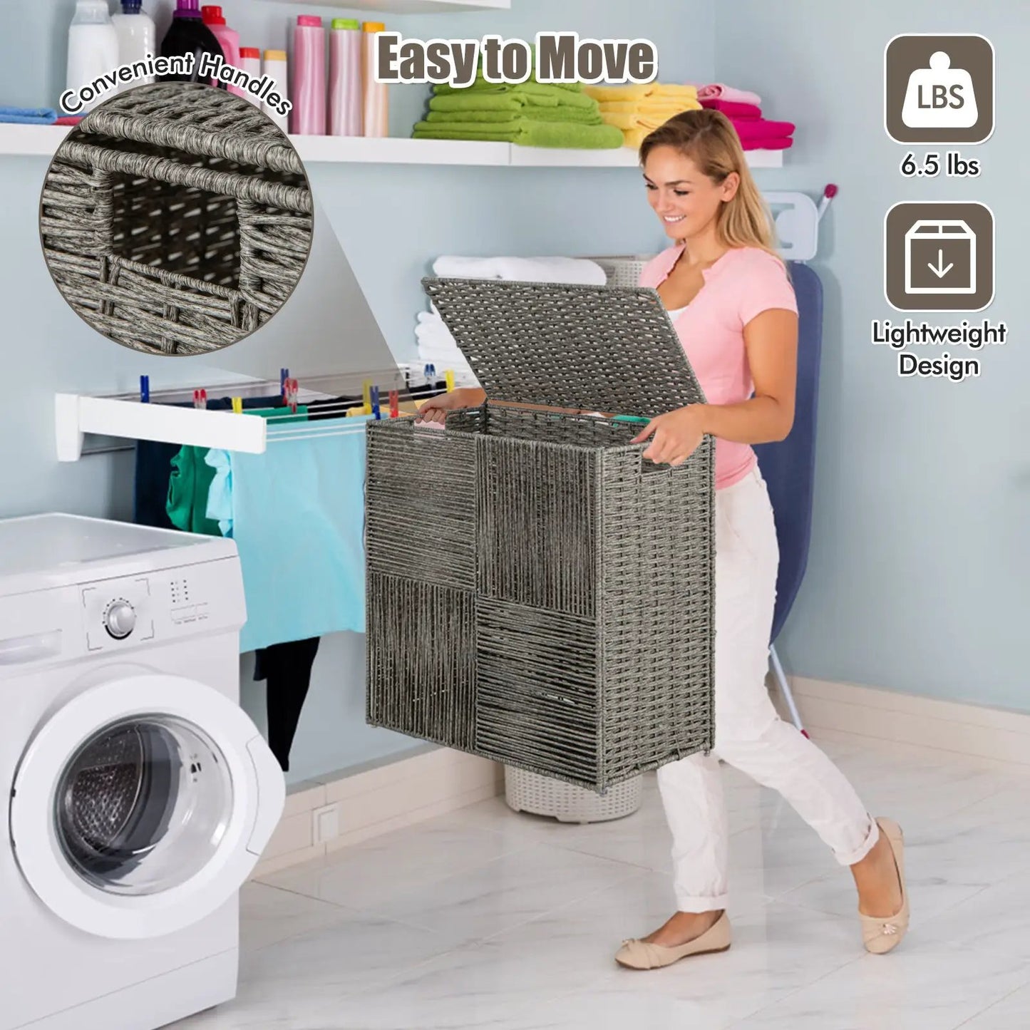 Gray DirectDeals 29-Gallon Laundry Hamper with Removable Liner Bag shown in laundry room on Tampa Home & Garden Store