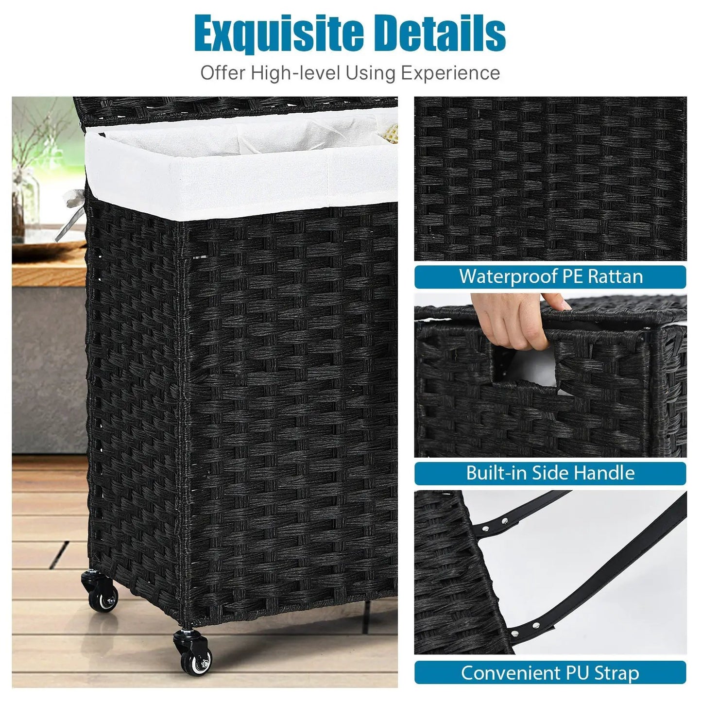 Laundry Hamper with Wheels and Lid 125L, black PE rattan weave with white liner, DirectDeals on Tampa Home & Garden Store