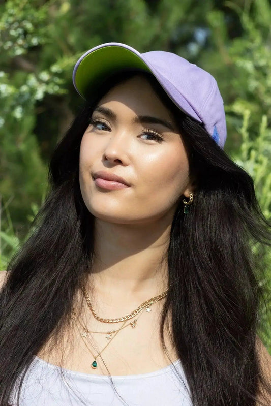 Lavender Garden Relaxed Baseball Cap by Aria the Fox, lavender crown with lime under brim on Tampa Home & Garden Store