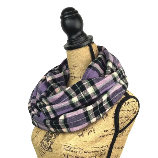 Lavender and Mint Plaid Flannel Infinity Scarf wrapped on dress form on Tampa Home & Garden Store