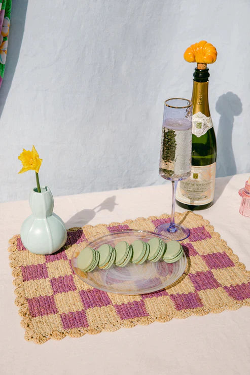 Lavender checked placemat, raffia table top, Payton James, rectangular on Tampa Home & Garden Store