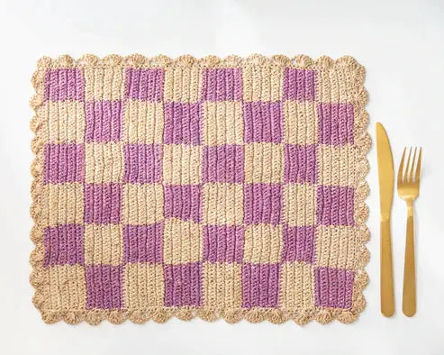Lavender checked raffia placemat, Payton James brand, rectangular with scalloped edges on Tampa Home & Garden Store