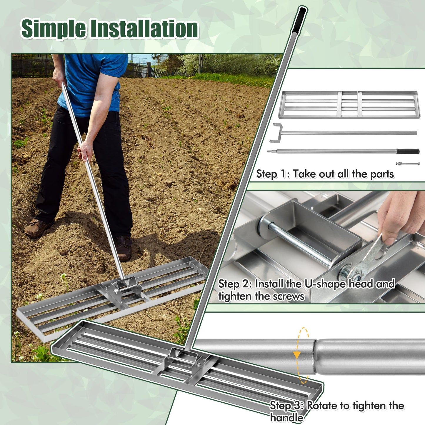Rastrillo nivelador de césped de 46 x 10 pulgadas, herramienta resistente para nivelar tierra-Plateado