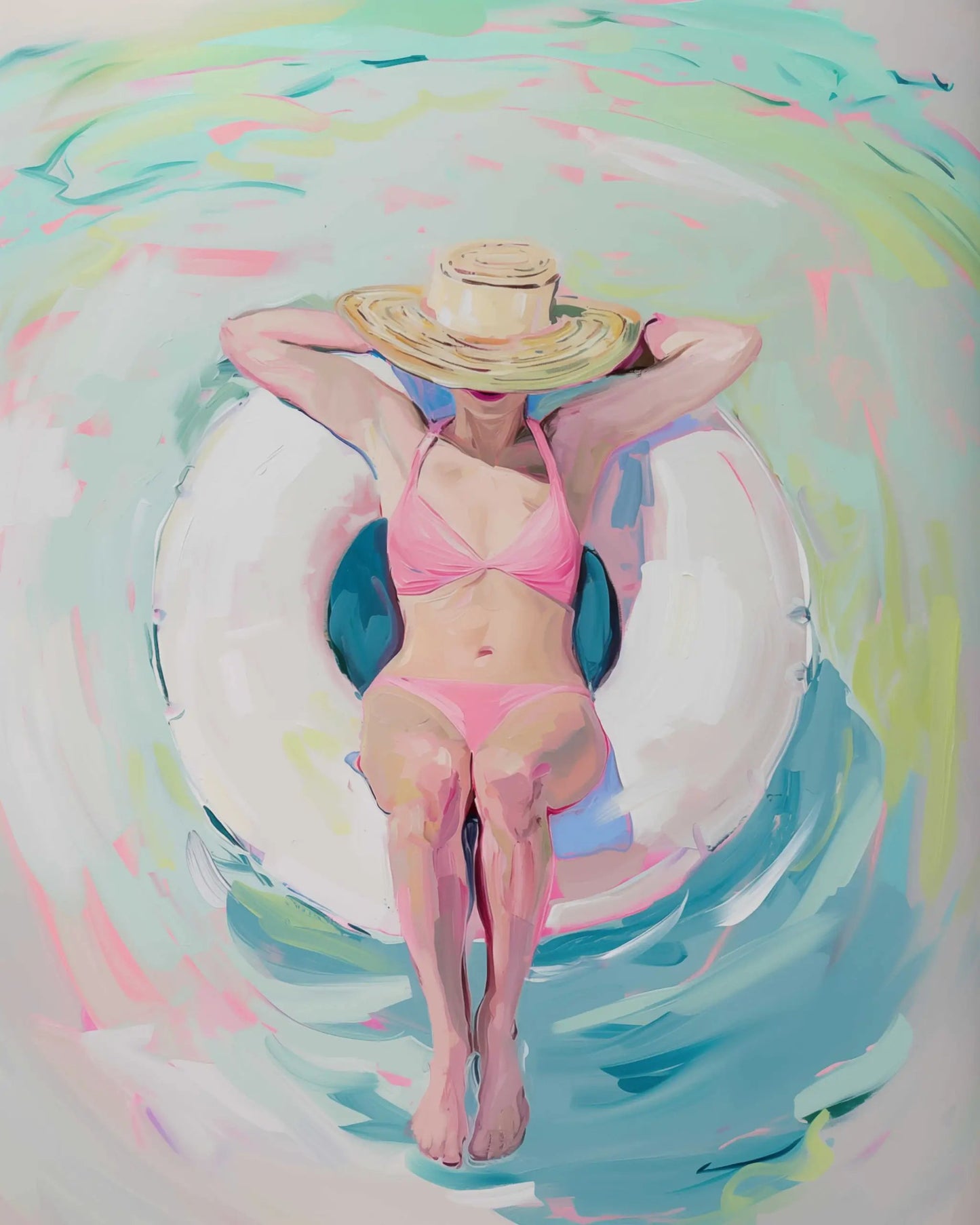 Lazy River Art Print archival artwork pink bikini with straw hat amid pastel swirls on Tampa Home & Garden Store